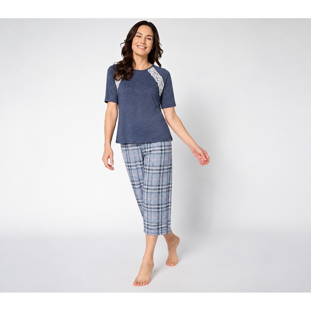 Cuddl Duds Lace Inset Raglan Sleeve Pajama Set Blue/Plaid,Medium